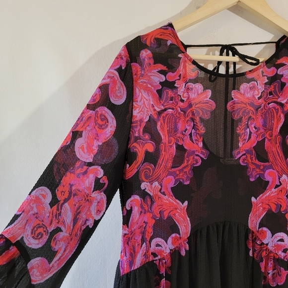 Free People Printed Symphony Smock Dress Sz S/P Black Red Floral Sheer Bohemian - Picture 7 of 12